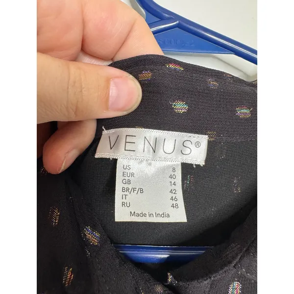 Venus Button Down Shirt Womens 8 Black NWT Metallic Rainbow Foil Polka Dot Top - Image 2