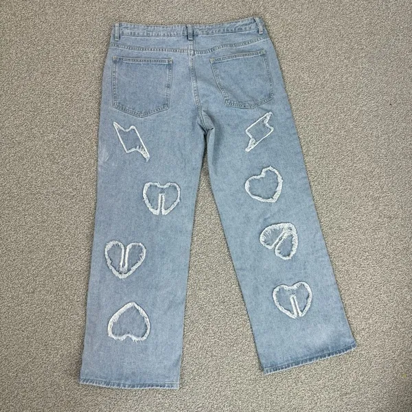 Q&J Jeans Patchwork Hearts Wide Leg High Rise‎ Jeans Large Boho Streetwear - Image 4