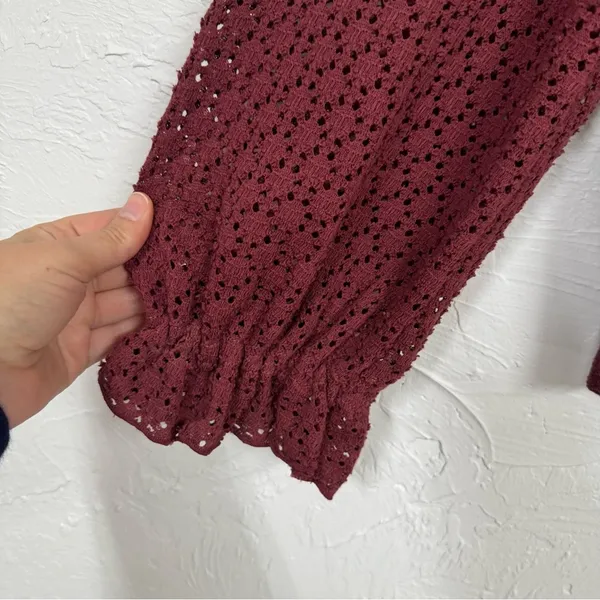 Madewell Texture & Thread Burgundy Knit Puff Sleeve Sweater Womens M Fall Eyelet - Image 3