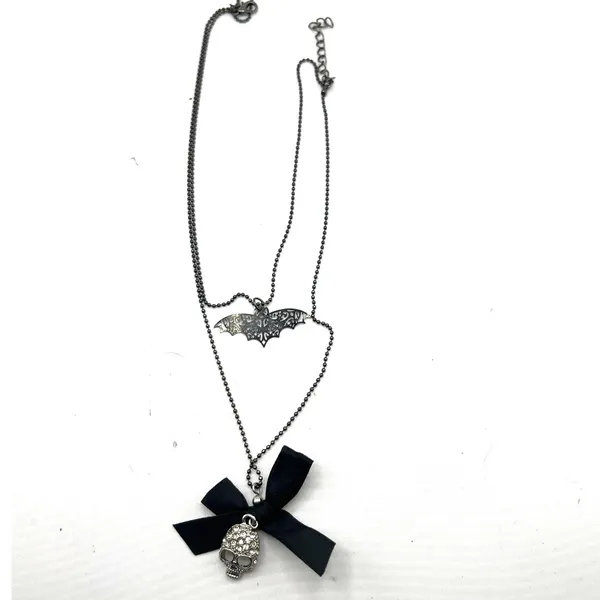 gothic layered necklace bat pendant rhinestone skull charm black bow Halloween - Image 2