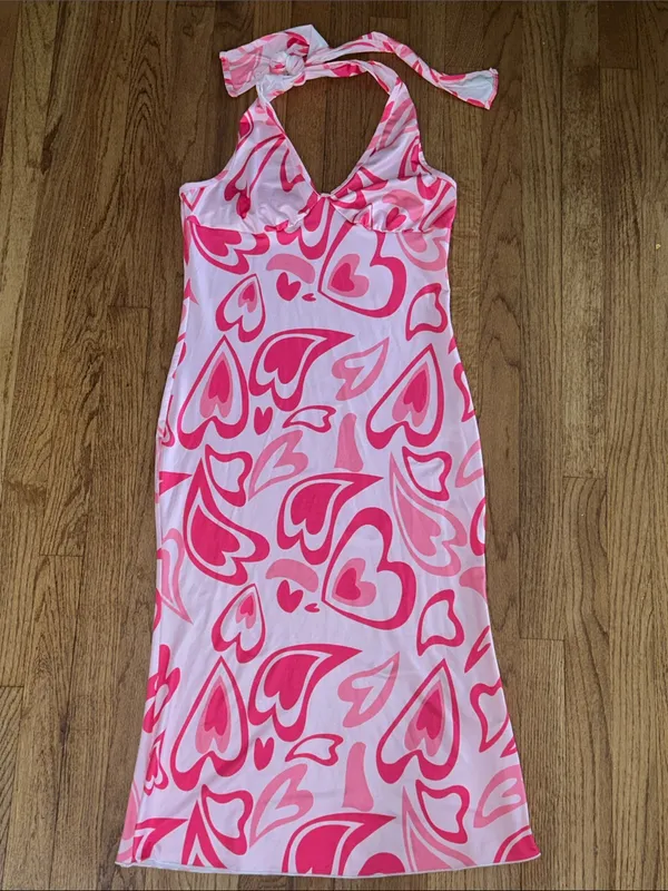 SheIn Love Sign Pink Retro Heart Halter Midi Dress NWOT size Medium - Image 4