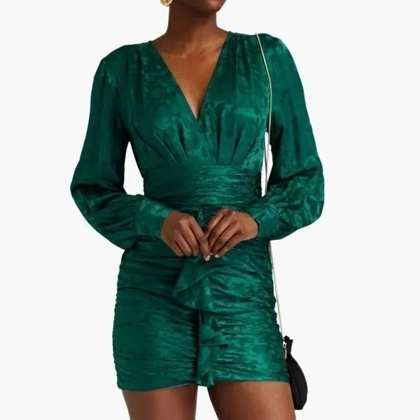 Ronny Kobo Carissa Dress Small Green‎ Silk Blend Ruched Floral Jacquard Cocktail - Image 2