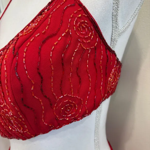 VTG Y2K Showtime Red Beaded Asymmetrical Midriff Cutout Prom Gown Sexy Witch 90s - Image 6