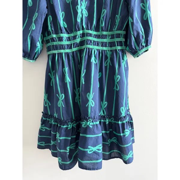 Umgee‎ Navy Blue Green Bow Print Cotton Midi Dress Medium Puff Sleeve - Image 11