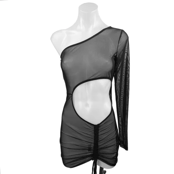 12th Tribe Tessa Black Mesh Sheer Cutout One Shoulder Cinched Mini Dress Size S - Image 5