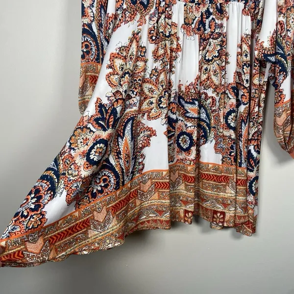 Free People Say‎ You Love Me Mini Dress Size M Orange Combo Paisley Boho Flowy - Image 3