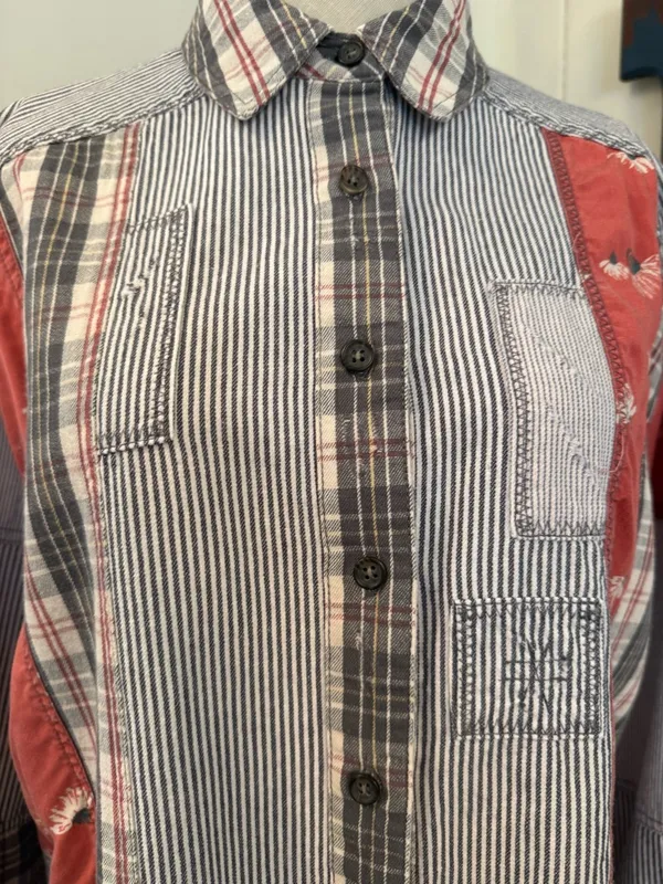 Free People women’s “All Patched up”Striped Panel Button-Down Shirt Sz S - Image 4