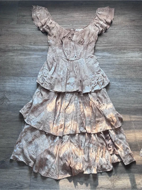 Francesca's Collections Beige Paisley Tiered Ruffle Midi Dress Cottagecore Boho - Image 3