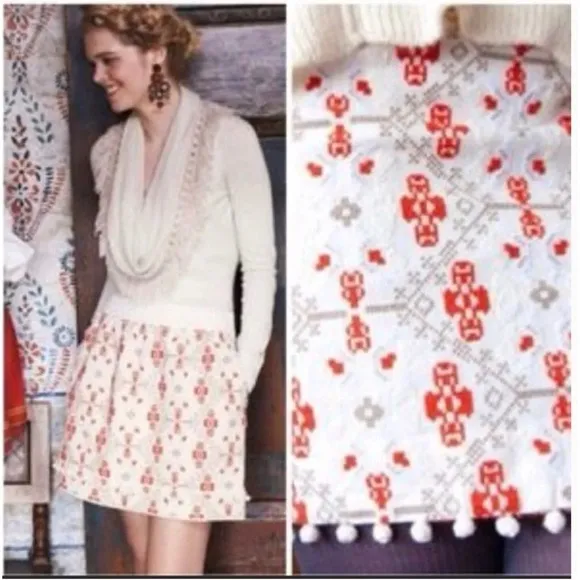 Maeve Anthropologie Blomma Pom Pom Cross Stitch Embroidered Skirt Size 8 - Image 2