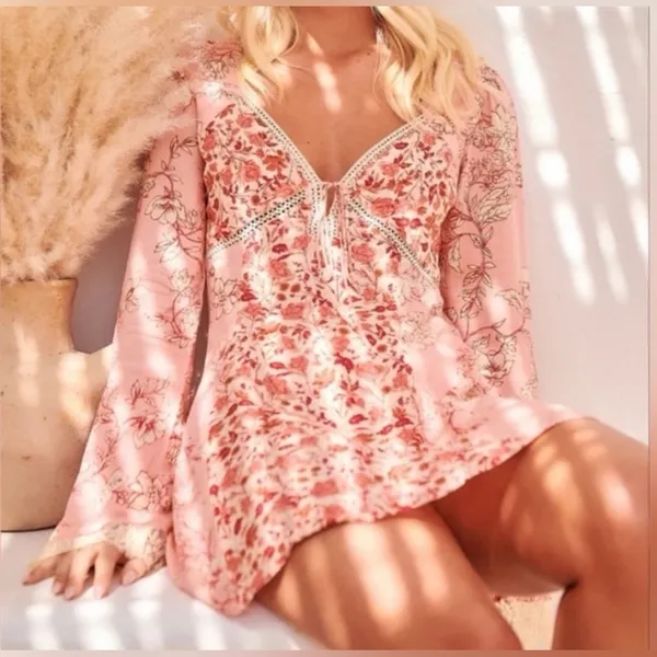Free People Coquette Odette Fairycore Floral Printed Bell Sleeve Tunic medium - Image 2
