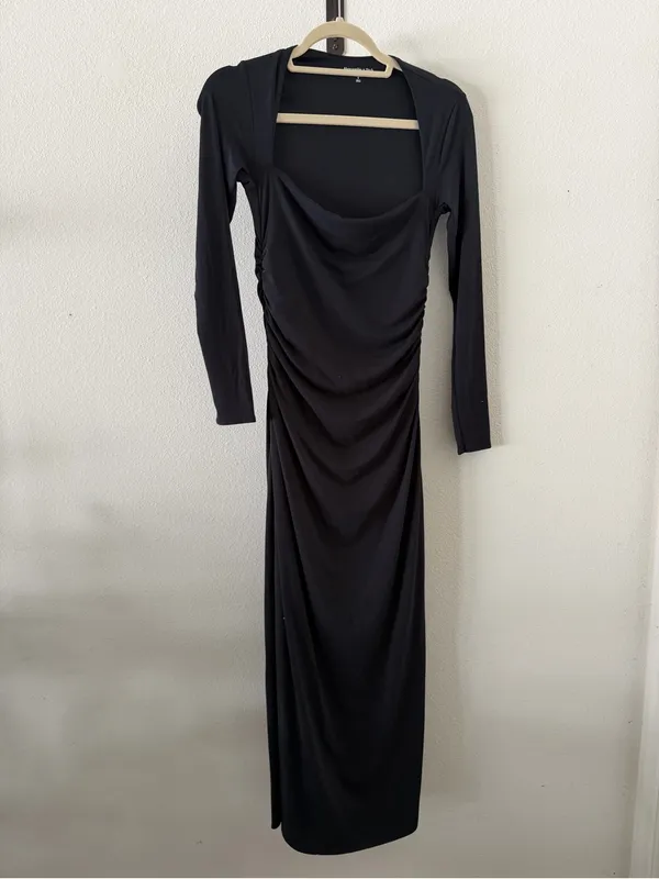 Abercrombie & Fitch Black Modal-Blend Long Sleeve Ruched Square Neck Dress - Image 3