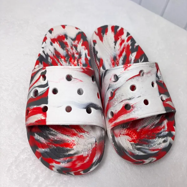 CROCS CLASSIC MARBLED SLIDES Flame Red White Black Unisex Slides‎ Sandals M4 W6 - Image 4