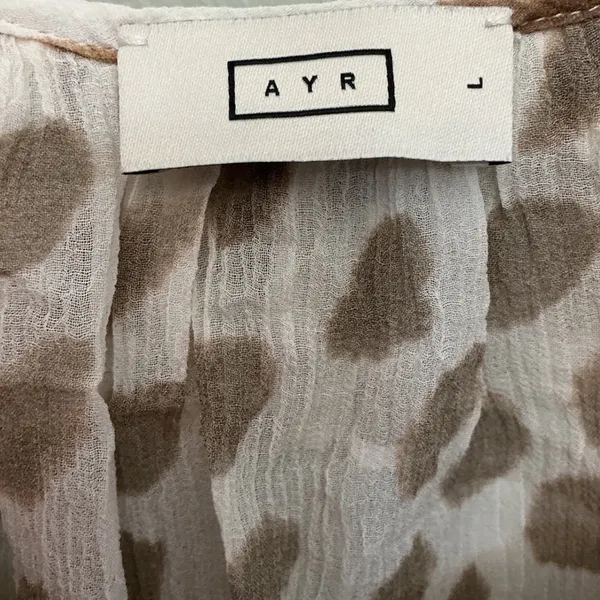 AYR Womens Ruffle Neck Abstract Animal Print Sheer Blouse Brown Cream E2047 L - Image 4