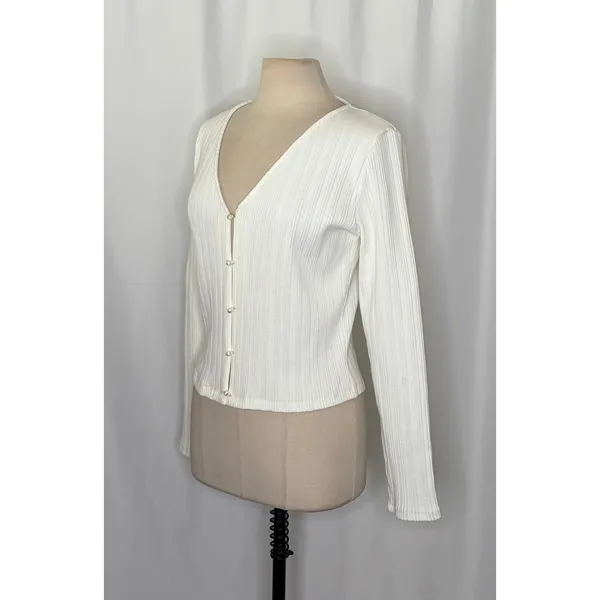 VINCE Pearl Button Cardigan Sweater Off White Ribbed Cropped V Neck‎ X-Large - Image 7