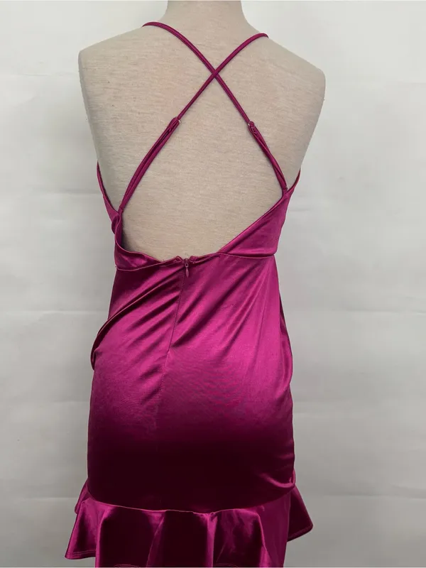 Lulus Romantic Nights Magenta Satin Ruffled Bodycon Mini Dress Wrap Medium - Image 3