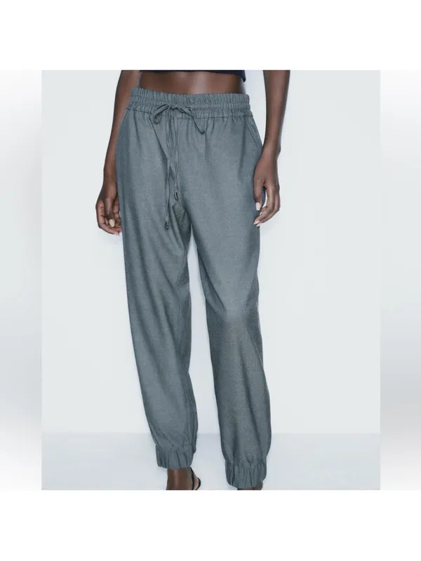 Zara Light Gray Elastic Waist Drawstring Pants - Image 4