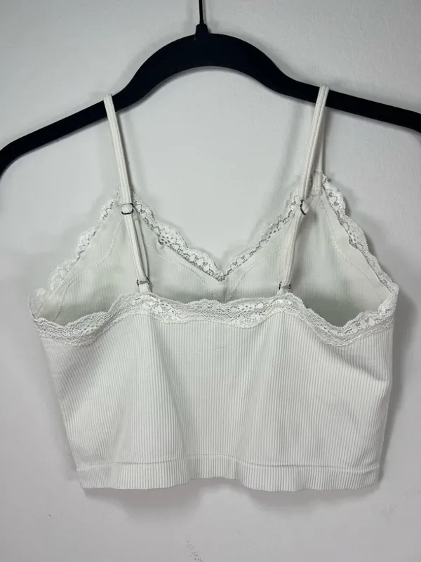 Wild Fable Ribbed Lace Cropped Cami Tank Top Cream Neutral Layering Y2K Sz Small - Image 6