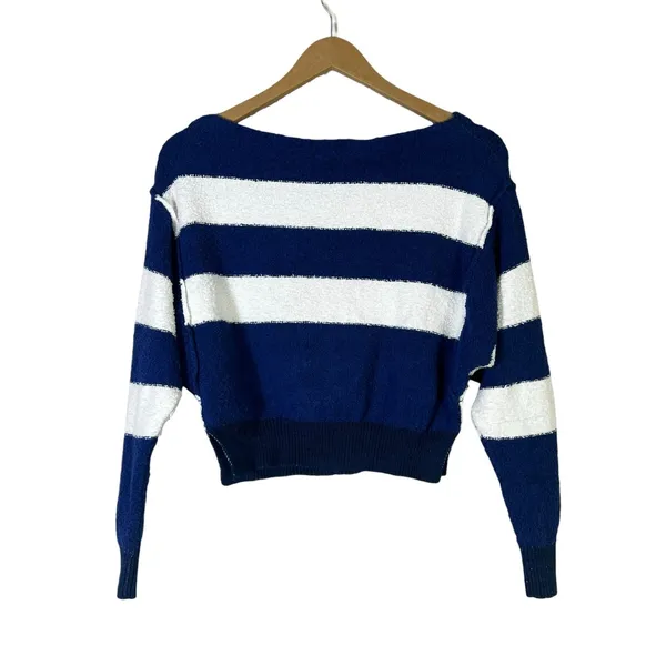 Free People Found My Friend Striped Bouclé Knit Sweater Navy Blue White Size XS - Image 4
