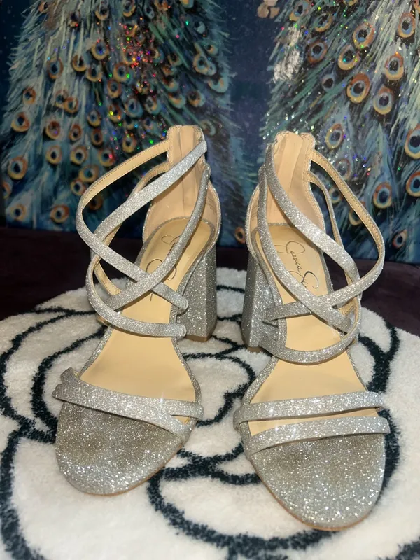 Jessica Simpson Silver Glitter Strappy Block Heel Sandals Size 7 - Image 7