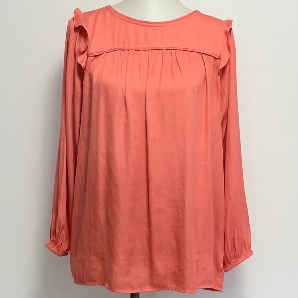 LOFT Outlet Blouse Size M Coral Ruffle Shoulder Long Sleeve Pleated Top Preppy - Image 2