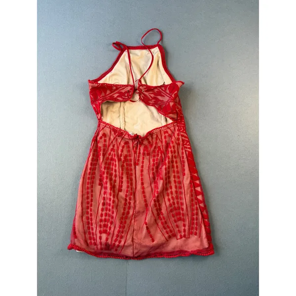 Angel Biba Red Lace Mini Dress Open Back Halter Geometric Embroidery Size 8 - Image 4