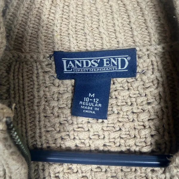 Lands End Womens M 10-12 Tan Cable Knit Cotton Full Zip Cardigan Sweater - Image 5