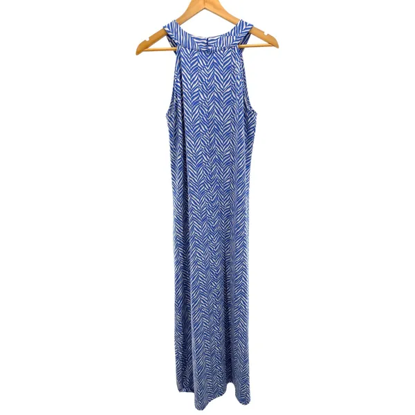 J.McLaughlin‎ Halter Maxi Dress M Medium Blue White Zebra Catalina Cloth Stretch - Image 6