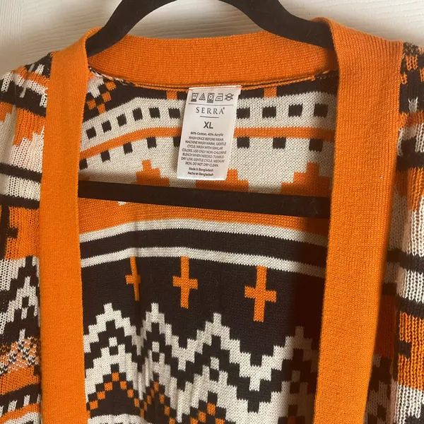 Serra Aztec Southwestern Geometric Open Front Cardigan Orange Black XL - Image 3