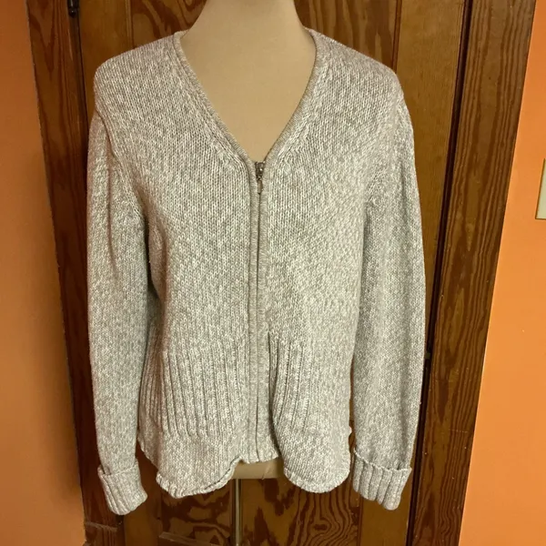 Y2K Christopher & Banks Oatmeal Zip Cardigan L Ramie Cotton Knit Sweater - Image 6