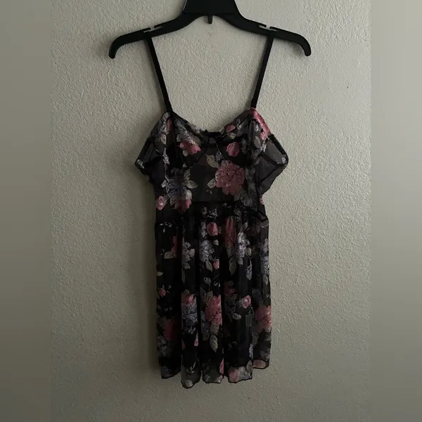 Sheer Floral Chemise Nightgown - Pink Floral on Black XL - Image 9