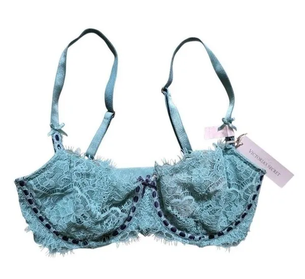 Victoria's Secret Dream Angels Ribbon Slot Underwire Demi Bra 32C Teal Lace NEW - Image 6