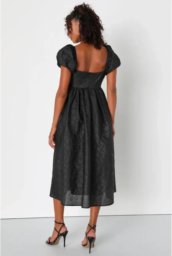 Adorable Mood Black Floral Jacquard Puff Sleeve Babydoll Dress - Image 2