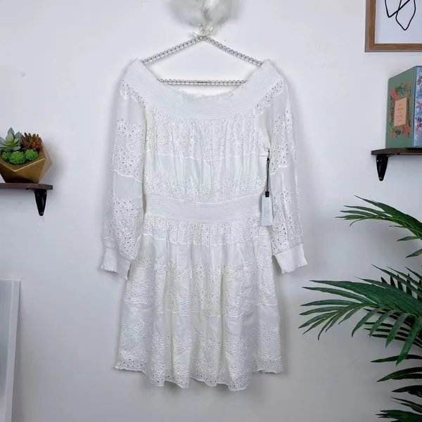 ASTR The Label Solstice Off Shoulder Eyelet Lace Mini Dress in White Small - Image 2
