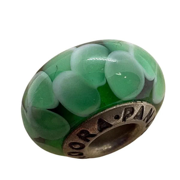 Pandora ALE Green Murano Glass White Hearts Charm Sterling Silver 925 Bead - Image 2
