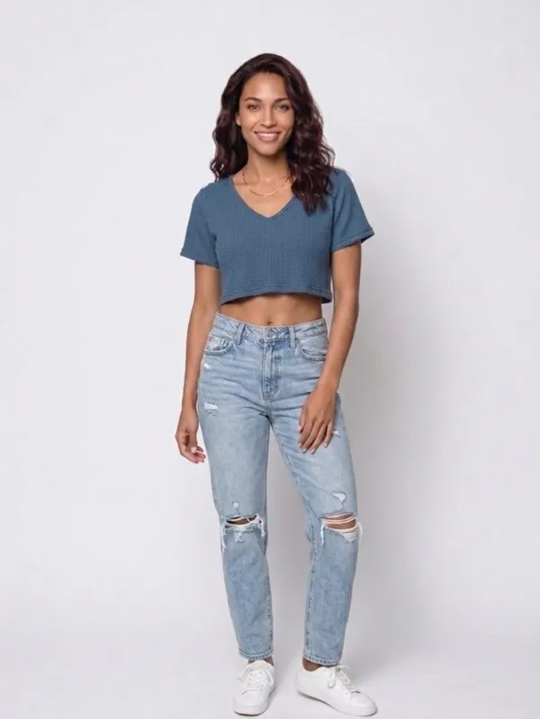 🖼️ SHEIN Dusty Blue V-Neck Cropped Waffle Knit Relaxed Fit Tee - Image 4