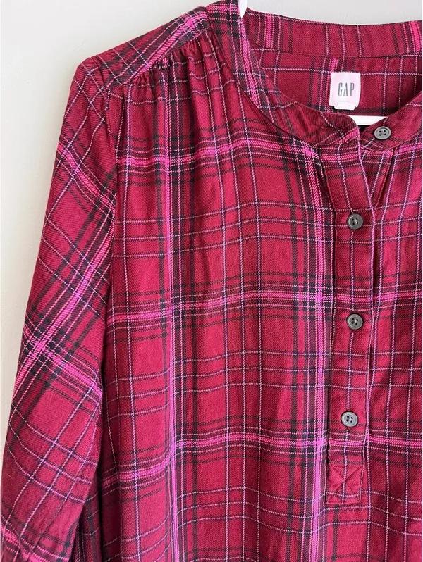 GAP Burgundy Plaid Flannel Long-Sleeve Shirt Dress Size M Fall - Image 3