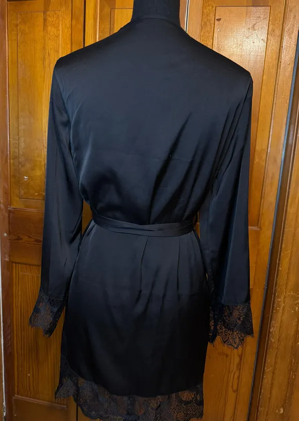 Black Wrap Around Thin Robe with Lace Size Medium - Image 2