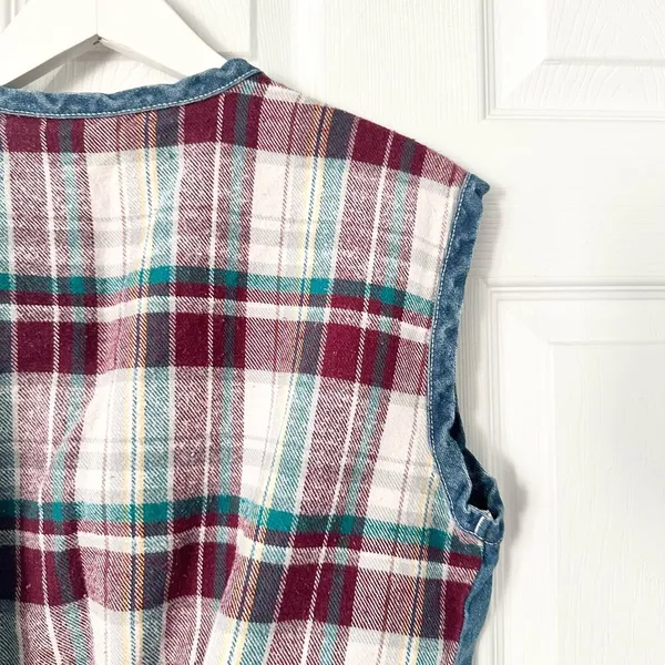 Metro Express Vintage Denim Chambray Red Plaid Flannel Back Button Vest L 14/16 - Image 10