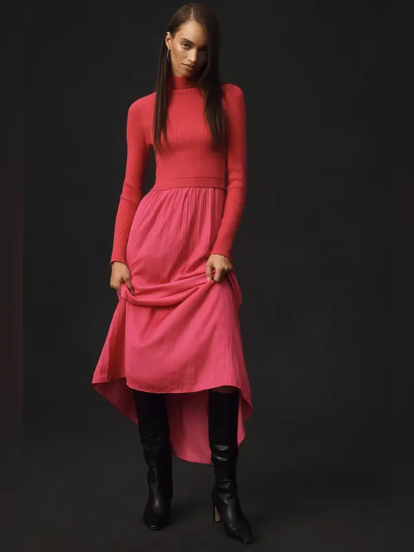 Anthropologie High-Neck Mockable Maxi Dress Fuchsia Knit dress & Pleated Skirt - Image 2