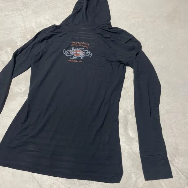 Harley Davidson Black Long Sleeve Top w/ Hoodie Pelham AL SZ L Motorcycle - Image 13