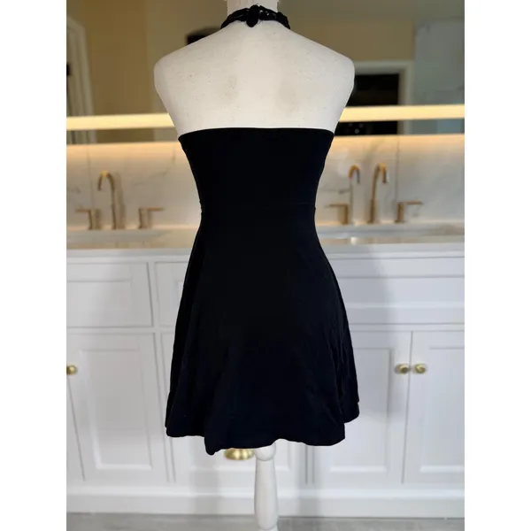 Crochet Halter Mini Dress Womens XS Black Fit Flare Boho Goth LBD Festival party - Image 6