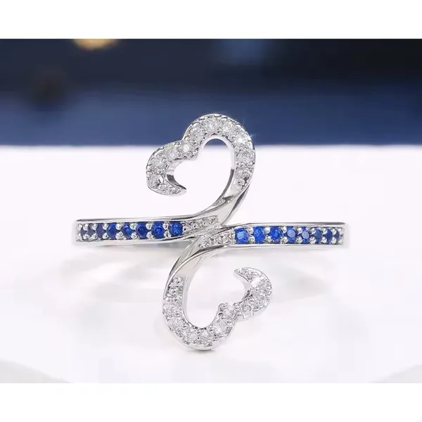 White Gold Plated Double Heart Lab Sapphire Ring Size‎ 7 - Image 8