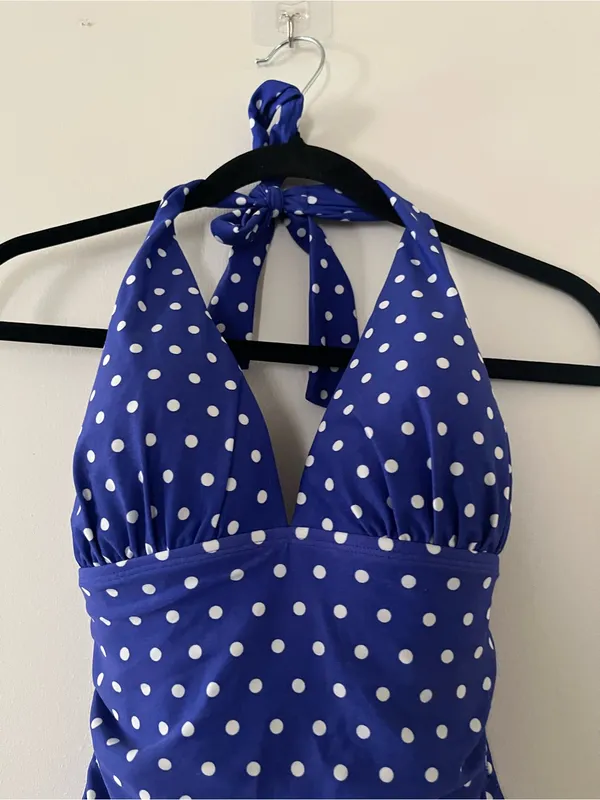 Lauren Ralph Lauren Blue White Polka Dot Halter One Piece Swimsuit 8 Ruched - Image 2