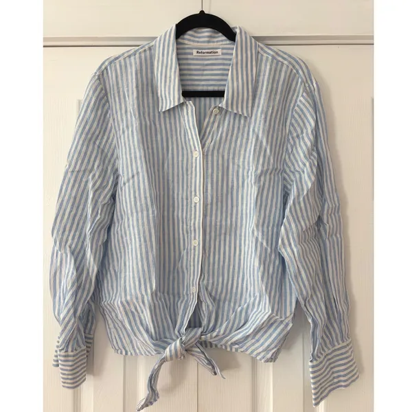 Reformation Blue White Striped Linen Tie Front Button Down Shirt Large - Image 2