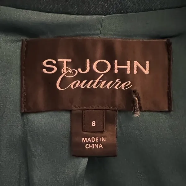 ST. JOHN COUTURE Sharkskin Silk Wool Blend Teal Open Front Jacket Blazer Size 8 - Image 10