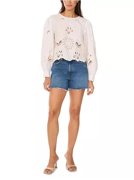 Vince Camuto White Embroidered Scallop Hem‎ Long Sleeve Blouse Size XL - Image 2