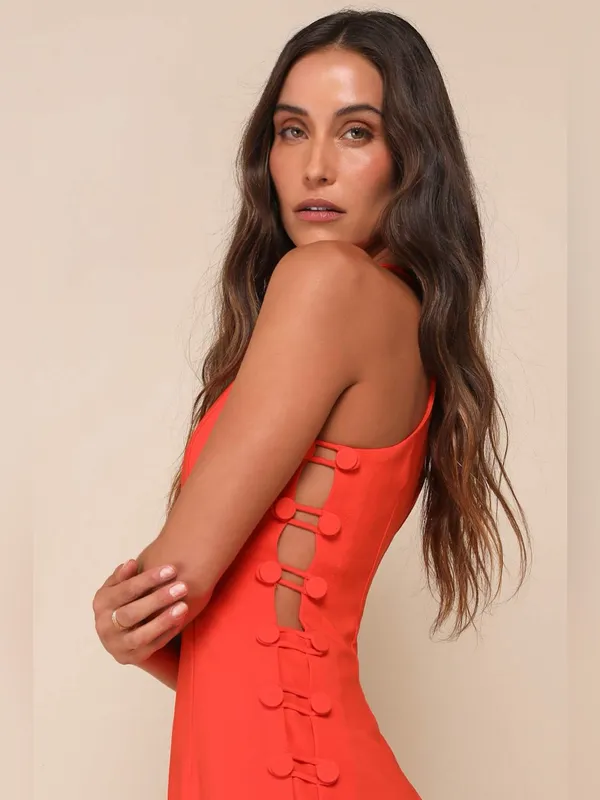 Lulus Masterfully Mod Bright Orange Side Button Midi Dress Size XL Sleeveless - Image 3