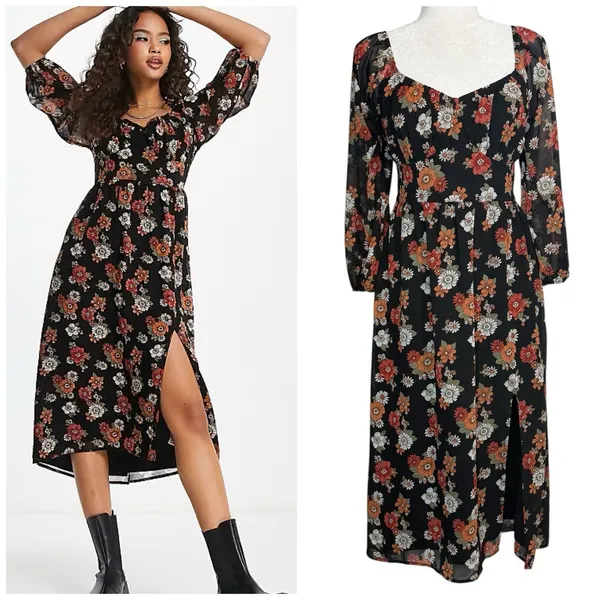 Hollister Dress Womens Medium Floral Long‎ Puff Sleeve Slit Midi Chiffon Retro - Image 2