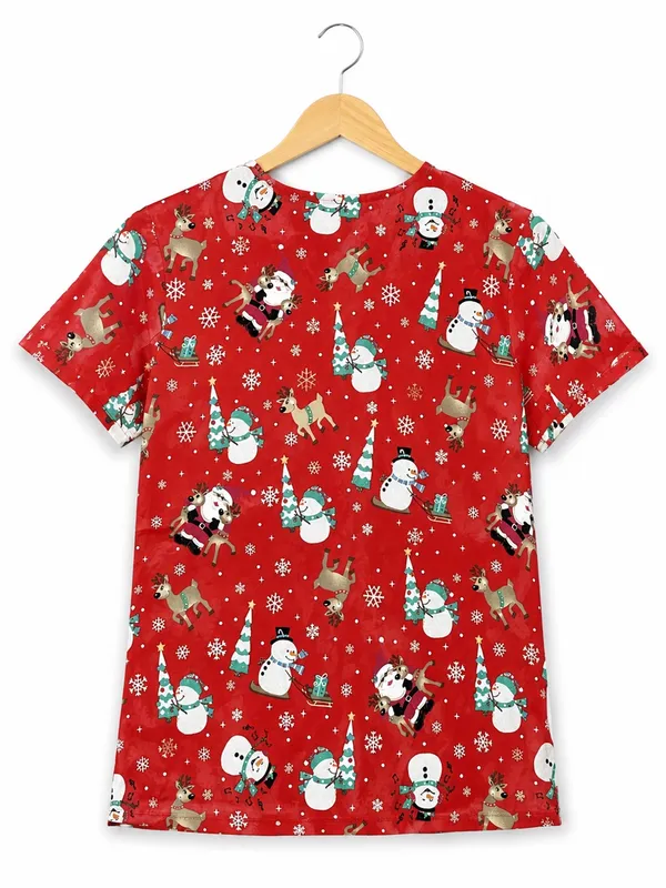 Just Love Christmas Holiday Medical Scrub Top V-Neck Pockets Red Snowman Santa M - Image 2