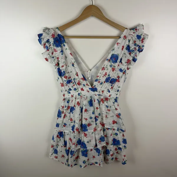 LoveShackFancy Bennett Mini Dress XS blue Notte Floral Cotton Cottage Boho Beach - Image 6